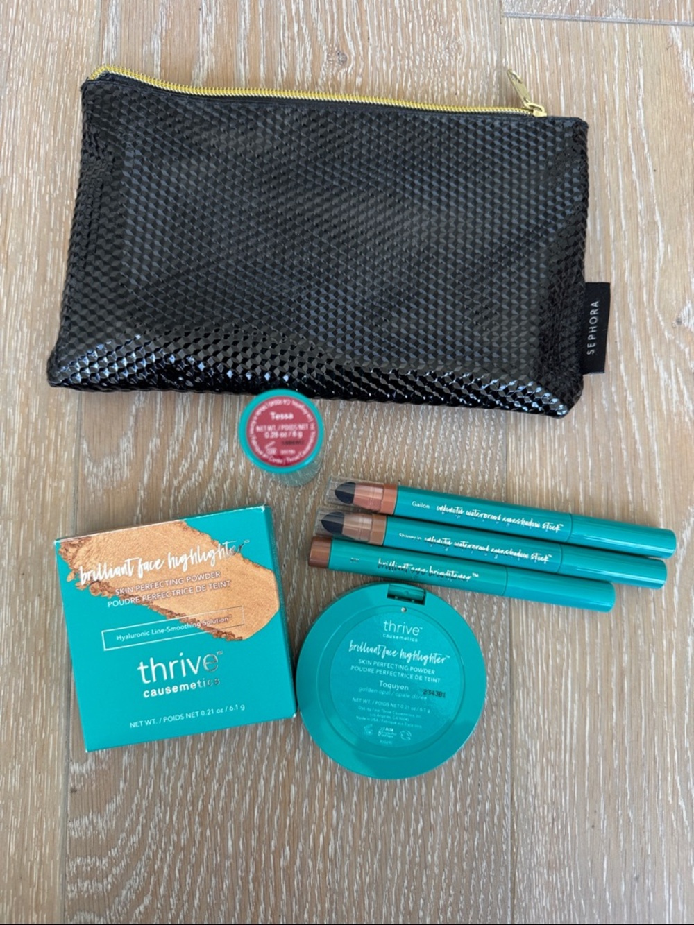 thrive causemetics various makeup in black Sephora cosmetic bag. Never worn.